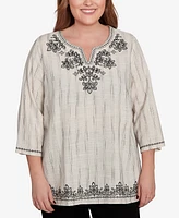Alfred Dunner Plus Natural Instinct Textured Medallion Embroidered Top