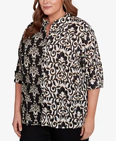 Alfred Dunner Plus Natural Instinct Medallion Twin Print Button Front Top