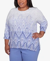 Alfred Dunner Plus Santa Fe Ombre Medallion Crew Neck Printed Top
