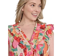 Vince Camuto Plus Printed Ruffle Flutter-Sleeve Tiered Midi Dress