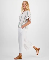 Charter Club Women's Striped 100% Linen Tie-Sleeve Top, Exclusively at Macy's