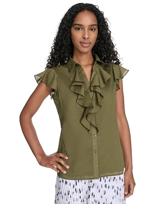 Calvin Klein Women's Cotton Button-Front Ruffle Blouse
