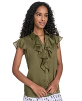 Calvin Klein Women's Cotton Button-Front Ruffle Blouse
