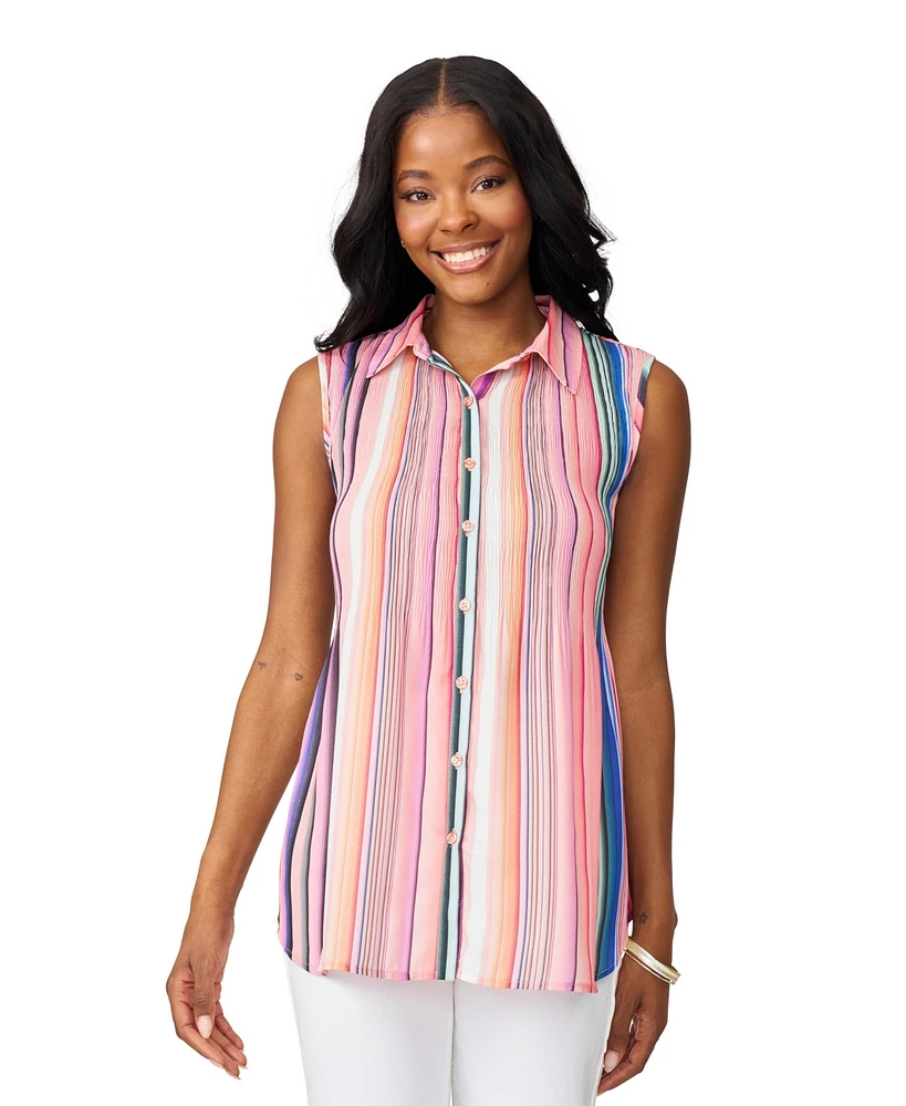 Cable & Gauge Women's Collared Sleeveless Pleated Top