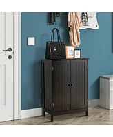 Gymax Bathroom Floor Storage Cabinet Double Door Kitchen Cupboard Shoe Brown