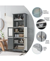 Gymax Bathroom Tall Storage Cabinet Linen Tower w/ Glass Door & Adjustable Shelf Grey