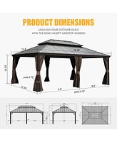 Outdoor Living 14x20FT Hardtop Gazebo, Permanent Metal Gazebo with Galvanized Steel Double Roof and Aluminum Frame, Curtain and Netting, Large Pavilio