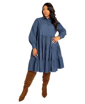 Buxom Couture Plus Denim Long Sleeve Tiered Shirt Dress