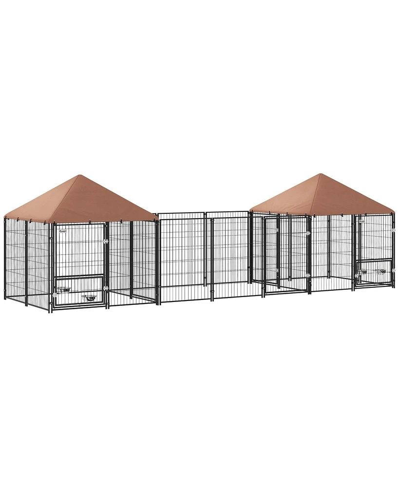 PawHut Dog Kennel Outside with 2 Rooms, Rotating & Adjustable Height Bowls