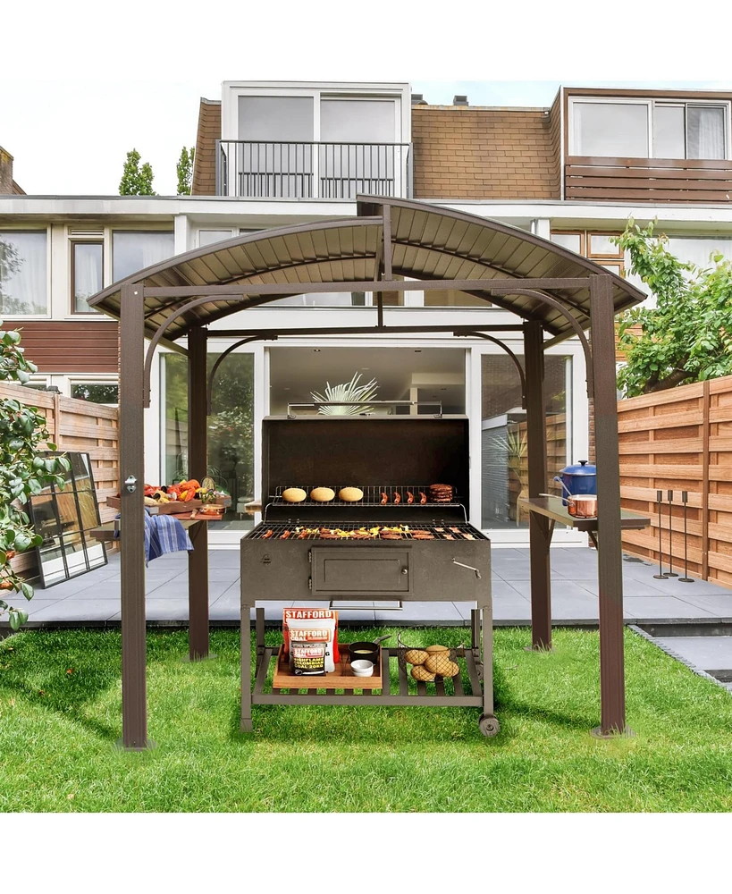 8x5FT Arc Roof, Grill Canopy for Outdoor w/Double Galvanized Steel Roof and 2 Side Shelves, Bbq Gazebo Tent Patio Garden Backyard, Bro