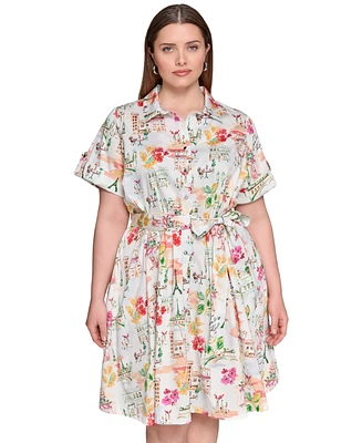 Karl Lagerfeld Paris Plus Conversational Belted Shirtdress
