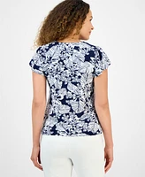 Jones New York Petite Botanical-Print Keyhole Top