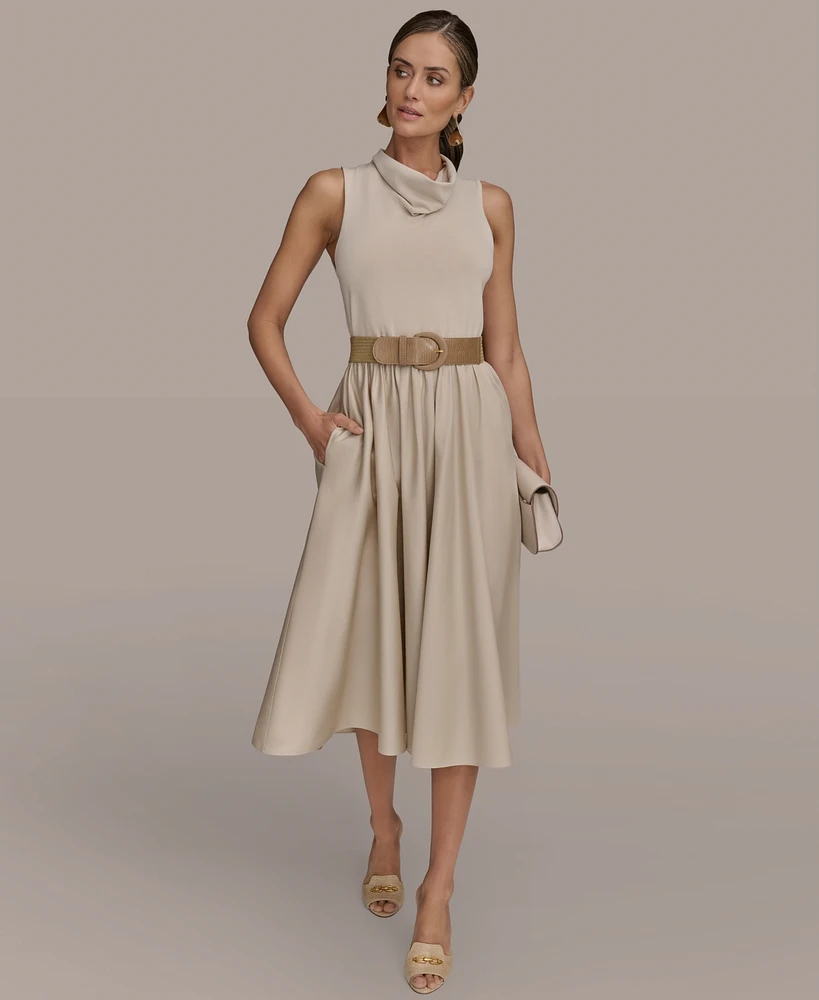Donna Karan New York Women's Mixed-Media Belted Midi Dress