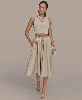 Donna Karan New York Women's Mixed-Media Belted Midi Dress