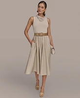 Donna Karan New York Women's Mixed-Media Belted Midi Dress