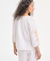 Style & Co Petite Cotton Embroidered Flare-Sleeve Top, Exclusively at Macy's