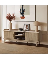 LuxenHome Mid-Century Modern Tambour-Style 2-Door 63-Inch Wide Tv Stand with Tray Top, Oak