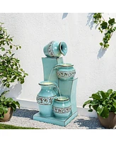 LuxenHome Light Blue 4-Tier Ornate Jugs 2.5-Feet Tall Outdoor Polyresin Fountain with Lights