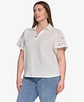 Karl Lagerfeld Paris Plus Mixed-Media Eyelet Top