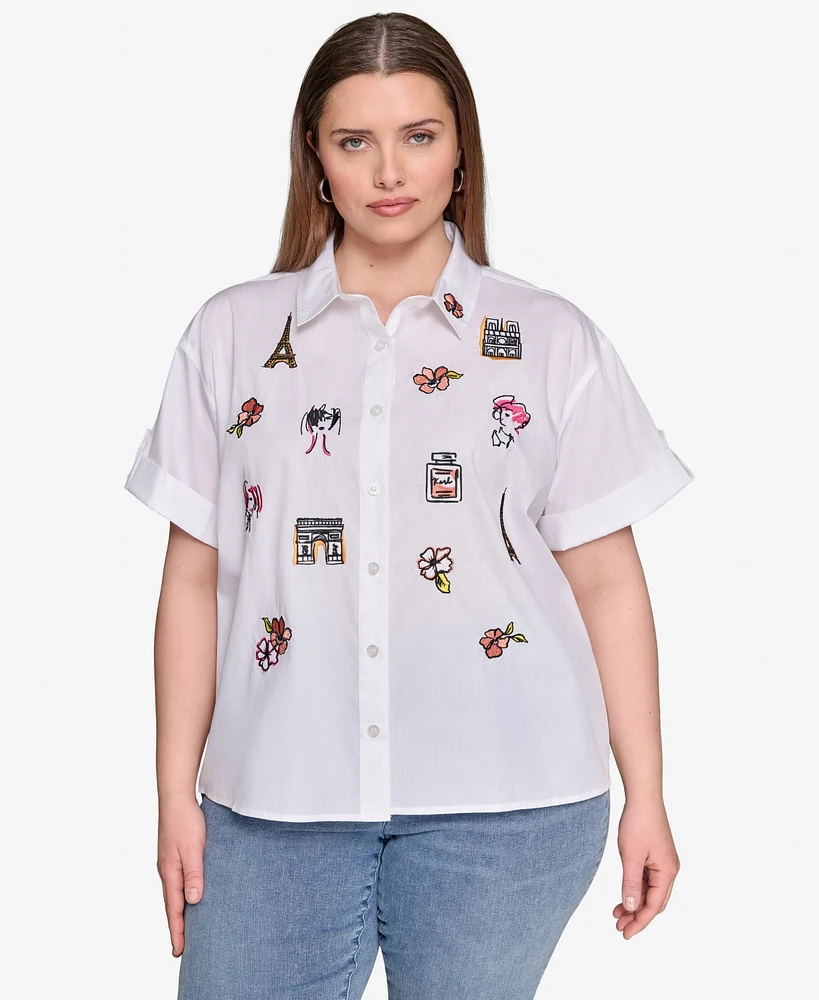 Karl Lagerfeld Paris Plus Cotton Embroidered Camp Shirt