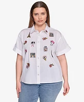 Karl Lagerfeld Paris Plus Cotton Embroidered Camp Shirt