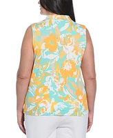 Rafaella Plus Floral Print Ribbed Sleeveless Polo T-Shirt