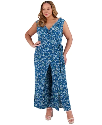 London Times Plus Printed Walk-Through Jumpsuit