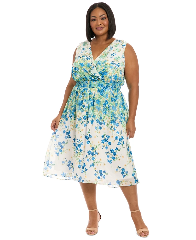 London Times Plus V-Neck Smocked-Waist Midi Dress