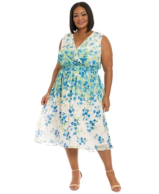 London Times Plus V-Neck Smocked-Waist Midi Dress