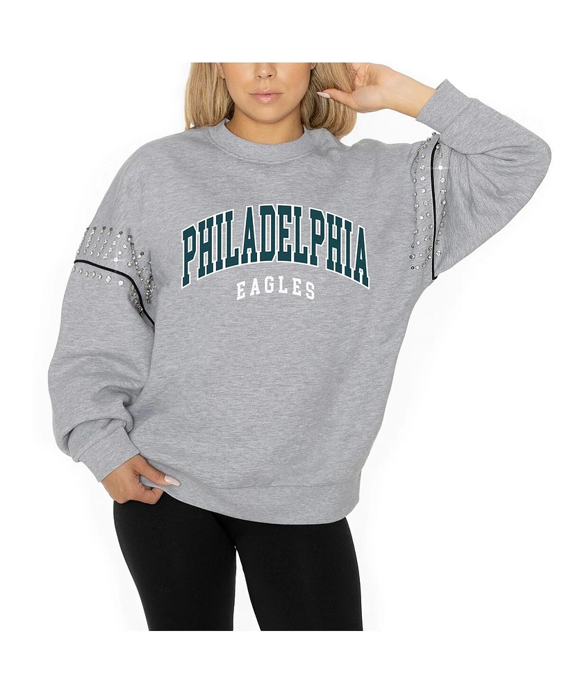 Gameday Couture Women's Ash Philadelphia Eagles Rhinestone Drop Shoulder Oversized Fleece Pullover Sweatshirt