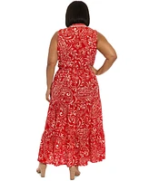 London Times Plus Ruffled-Neck Tiered Maxi Dress