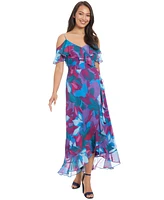 London Times Petite Printed Cold-Shoulder Ruffle Chiffon Dress