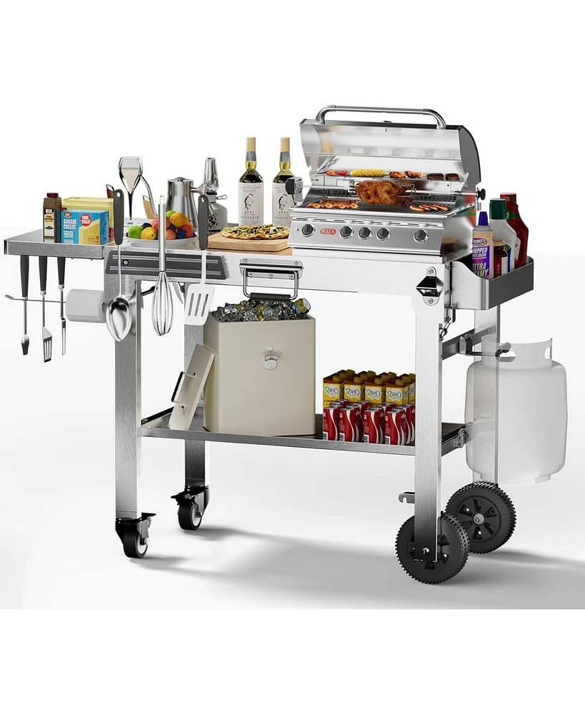 Cowsar Food Grade 304 Stainless Steel Outdoor Grill Table with 4 Swivel Casters, Portable Pizza Oven Table with Hooks, Folding Bbq Grill Cart for Rv/C