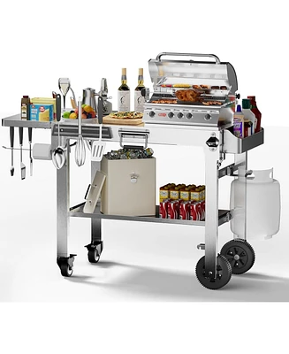 Cowsar Food Grade 304 Stainless Steel Outdoor Grill Table with 4 Swivel Casters, Portable Pizza Oven Table with Hooks, Folding Bbq Grill Cart for Rv/C