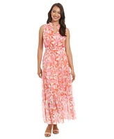 London Times Petite Printed Ruffle-Collar Maxi Dress