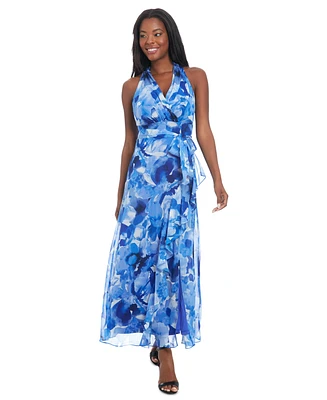 London Times Petite Printed Side-Tie Ruffle-Trim Maxi Dress
