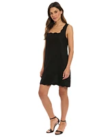 London Times Petite Square-Neck Scallop-Trim Shift Dress