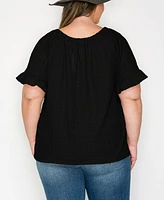 Coin 1804 Plus Eyelet Jersey Button Front Ruffle Sleeve Peasant Top
