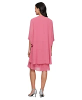 Sl Fashions Women's 2.Piece Chiffon Open-Front Jacket & Beaded-Neck Tiered Dress