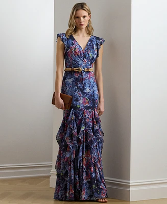 Lauren Ralph Women's Print Ruffle-Trim Crinkle Georgette Gown