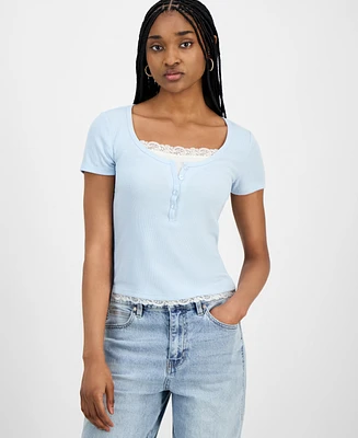 Hippie Rose Juniors' Lace-Trim Layered Henley T-Shirt