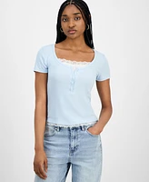 Hippie Rose Juniors' Lace-Trim Layered Henley T-Shirt