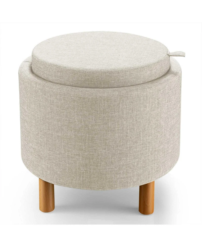Round Fabric Storage Ottoman with Tray and Non-Slip Pads for Bedroom