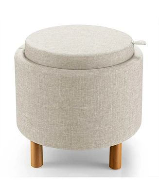 Round Fabric Storage Ottoman with Tray and Non-Slip Pads for Bedroom