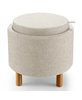 Round Fabric Storage Ottoman with Tray and Non-Slip Pads for Bedroom