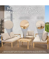 4-Piece Wood Patio Furniture Set - L-Shaped Sectional Outdoor Conversation Light Brown