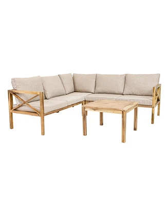 4-Piece Wood Patio Furniture Set - L-Shaped Sectional Outdoor Conversation Light Brown
