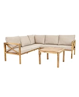 4-Piece Wood Patio Furniture Set - L-Shaped Sectional Outdoor Conversation Light Brown