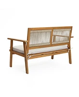 LuxenHome Outdoor Acacia Wood Rope Back Loveseat with Cushions and Coffee Table Set