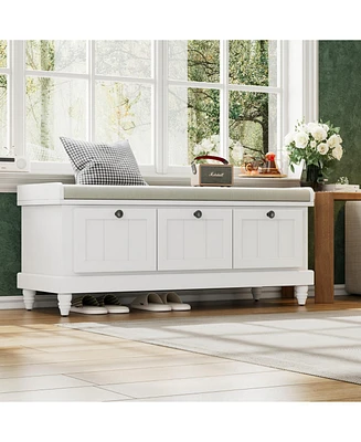 Classic Storage Bench with Cushioned Seat and Three Drawers for Entryway and Living Room (White)